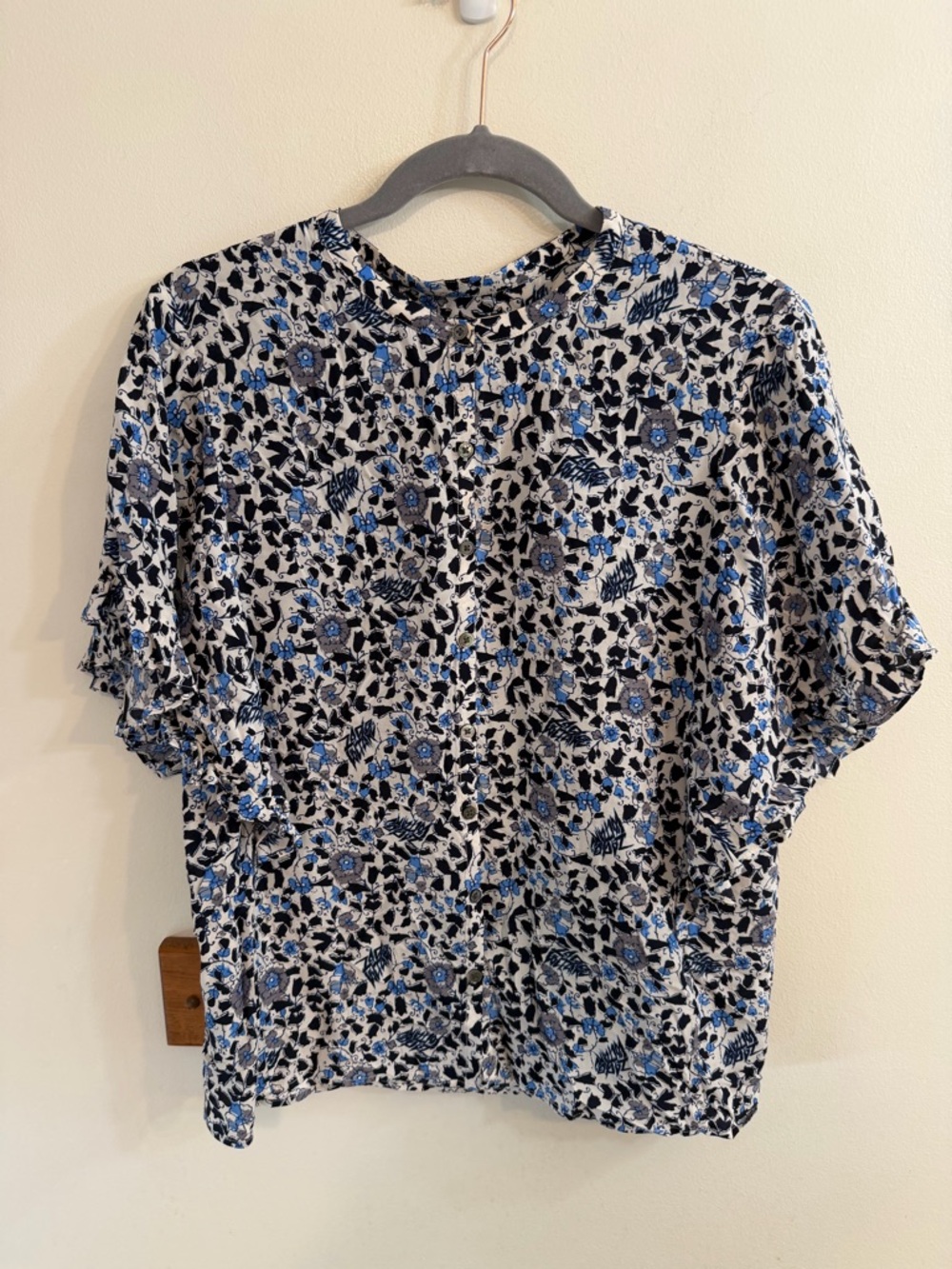 Zadig & Voltaire Tafi Soft Flower Block‎ Blouse Ruffled White Blue Women’s Sz S